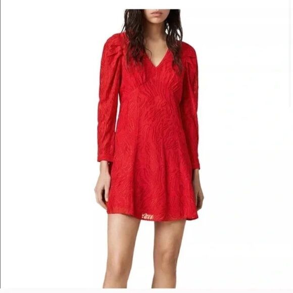 All Saints Dress “Rosi Ani” Red Free Flowing Long Sleeve Nwot Sz 2 Eur 6 - Picture 1 of 8